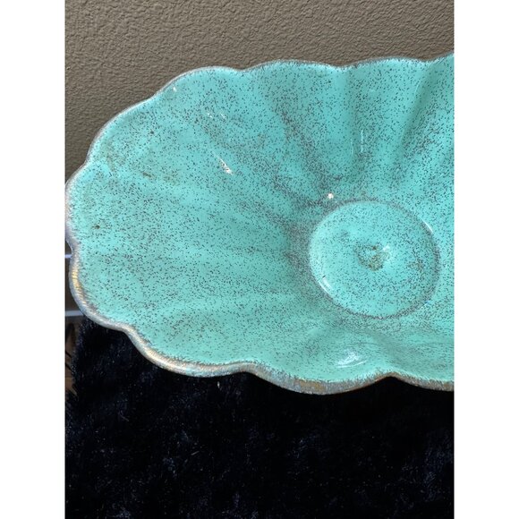 Vintage Ceramic Pedestal Compote Bowl Green Gold Speckled - Picture 3 of 6